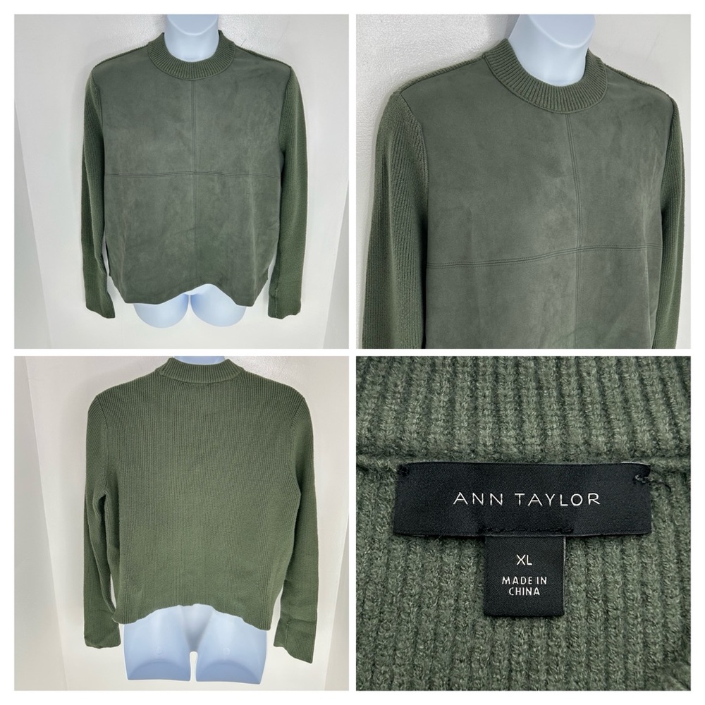 Ann Taylor Faux Suede Mixed Media‎ Sweater Size XL Olive Green Winter Cozy